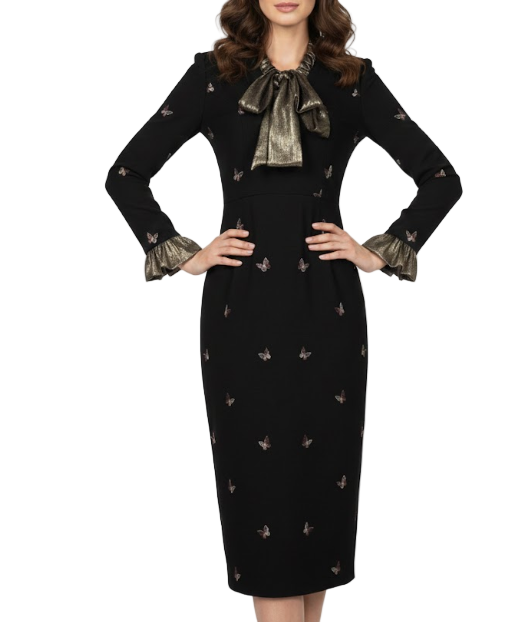 Timeless Trendy  & Elegant Slim Waist Long Sleeve Bow Neck Pencil Dresses  - B4-DRESS-B350
