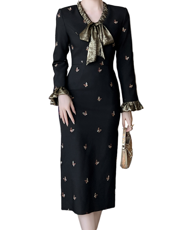 Timeless Trendy  & Elegant Slim Waist Long Sleeve Bow Neck Pencil Dresses  - B4-DRESS-B350