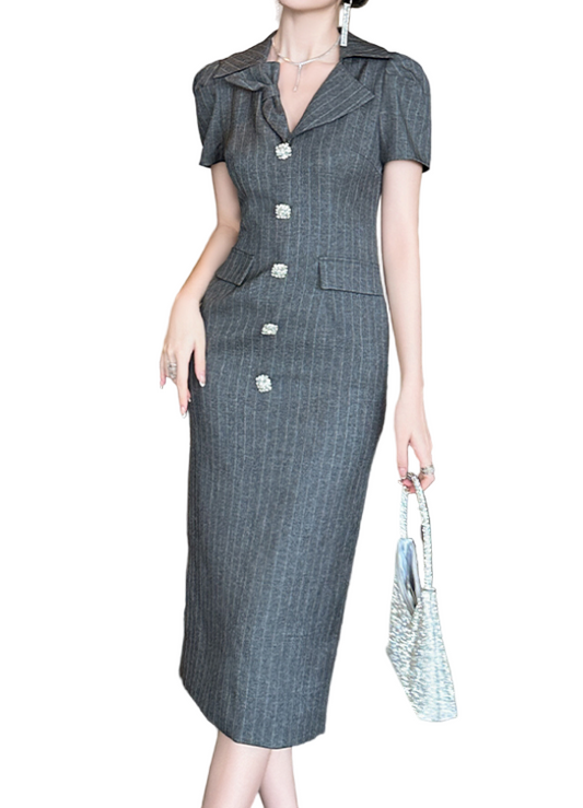 Timeless & Elegant Short Sleeve Lapel V-Neck Buttoned Professional & Versatile Dresses  - B4-DRESS-B365