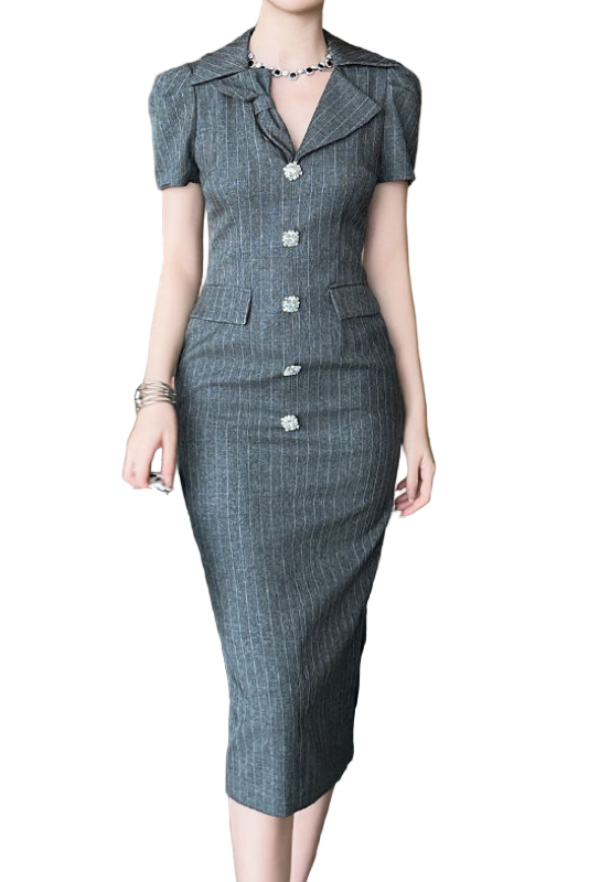 Timeless & Elegant Short Sleeve Lapel V-Neck Buttoned Professional & Versatile Dresses  - B4-DRESS-B365