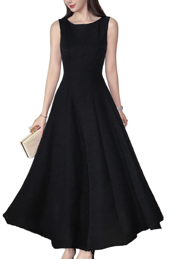 Timeless & Elegant A-Line Slim Waist Black Dress for Women - B4-DRESS-B332
