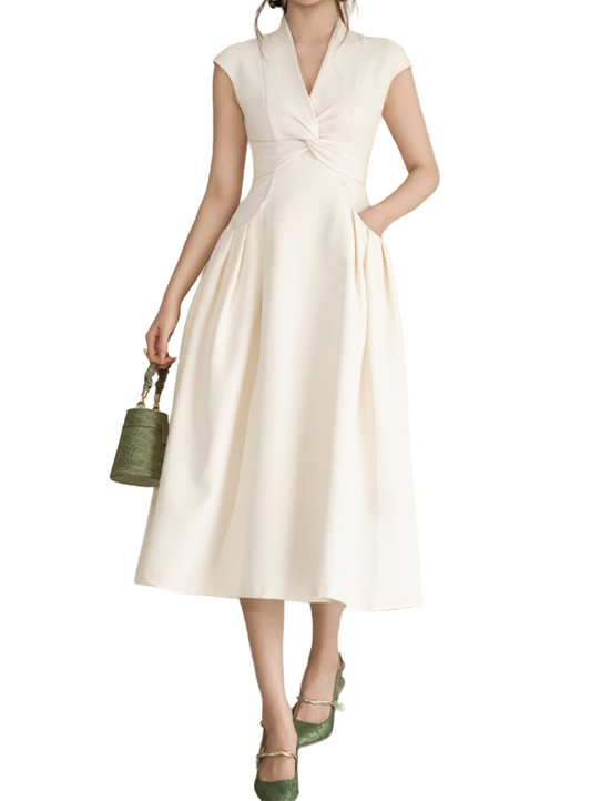 Timeless & Elegant Apricot Twist Front V - Neck and Cap Sleeves Dress for Women - B4-DRESS-B334