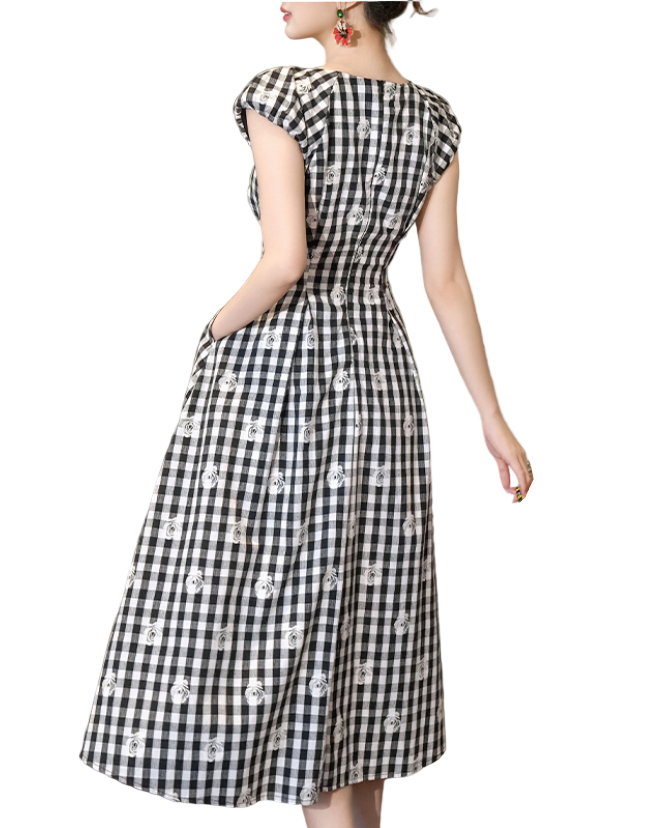 Timeless & Elegant Black and White Cap Sleeves Slim Waist Midi Dresses for Women - B4-DRESS-B338