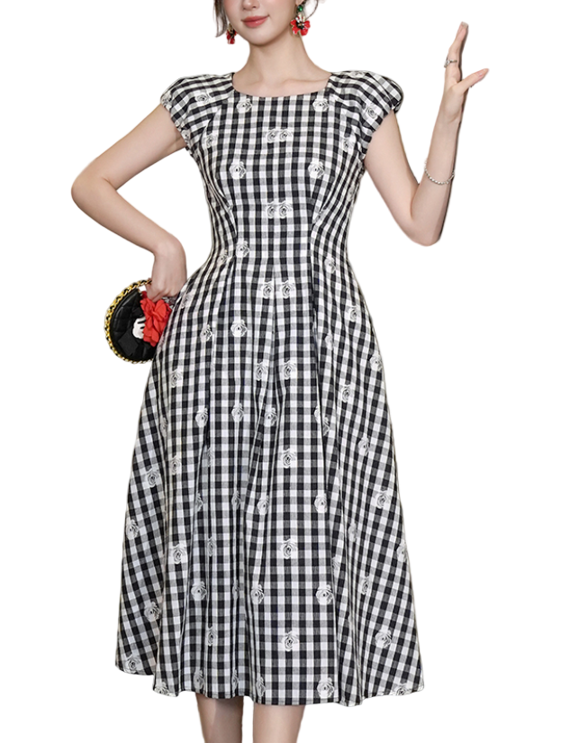 Timeless & Elegant Black and White Cap Sleeves Slim Waist Midi Dresses for Women - B4-DRESS-B338