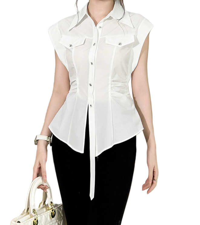 Timeless & Elegant Cap Sleeve Ruched Waist Flap-Pockets Blouses - B4-TOP-B10