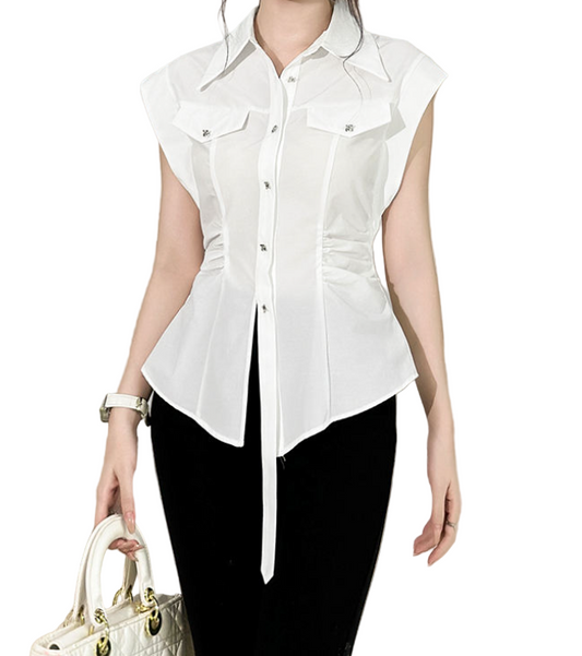 Timeless & Elegant Cap Sleeve Ruched Waist Flap-Pockets Blouses - B4-TOP-B10