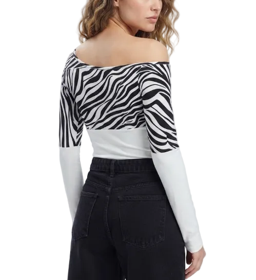 Timeless & Elegant Contrast Zebra Print Long Sleeve Asymmetrical Shoulder-Neck-Line Tops for Women - BP-B20 -TOP-90