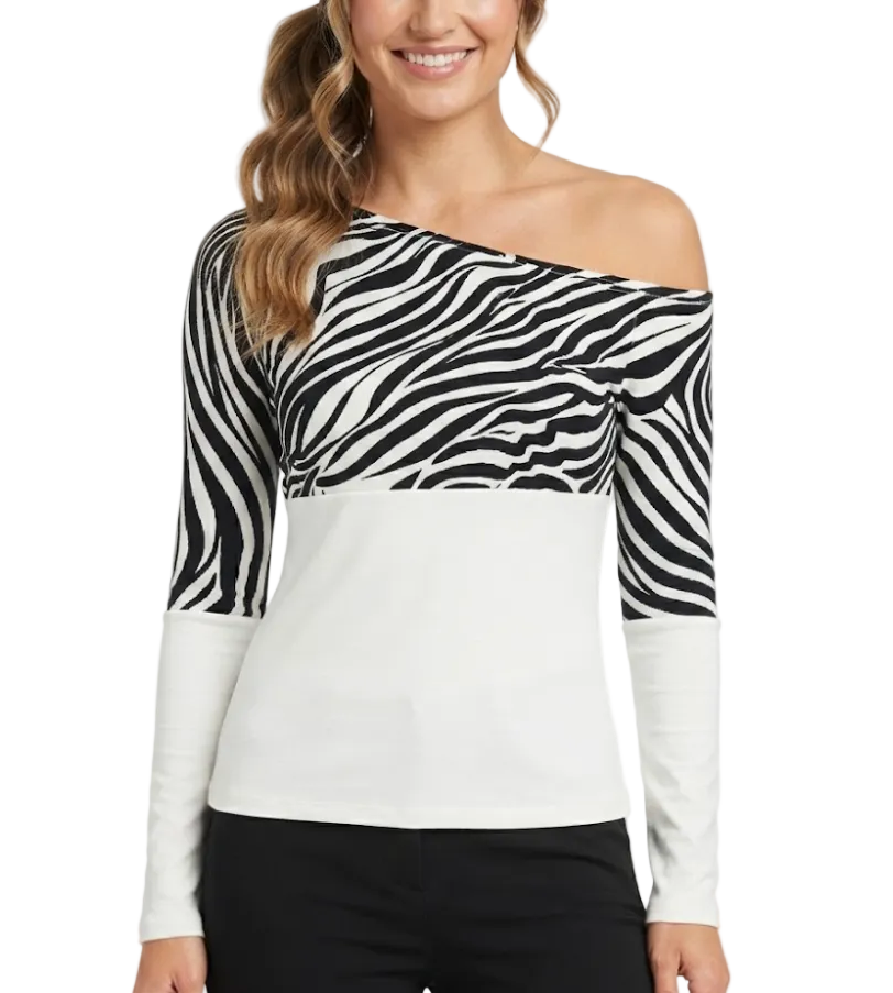 Timeless & Elegant Contrast Zebra Print Long Sleeve Asymmetrical Shoulder-Neck-Line Tops for Women - BP-B20 -TOP-90