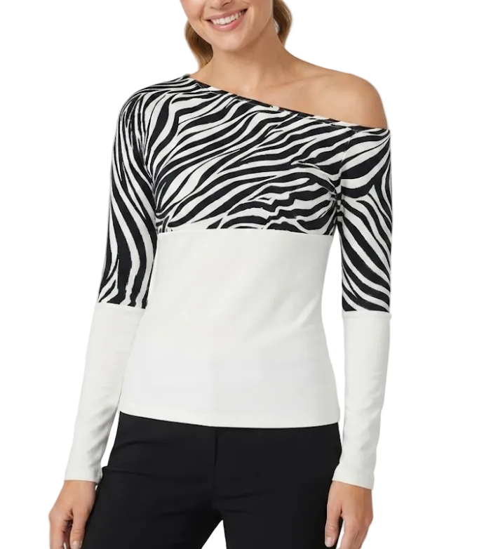 Timeless & Elegant Contrast Zebra Print Long Sleeve Asymmetrical Shoulder-Neck-Line Tops for Women - BP-B20 -TOP-90