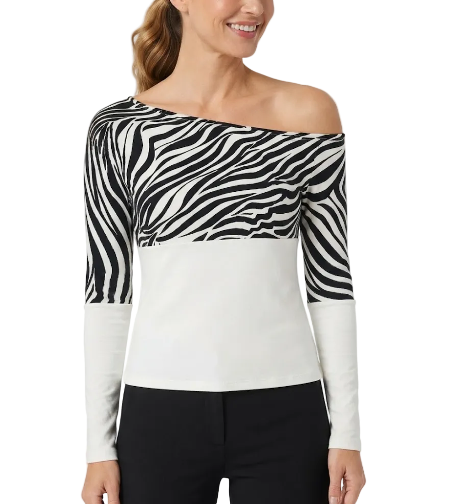 Timeless & Elegant Contrast Zebra Print Long Sleeve Asymmetrical Shoulder-Neck-Line Tops for Women - BP-B20 -TOP-90