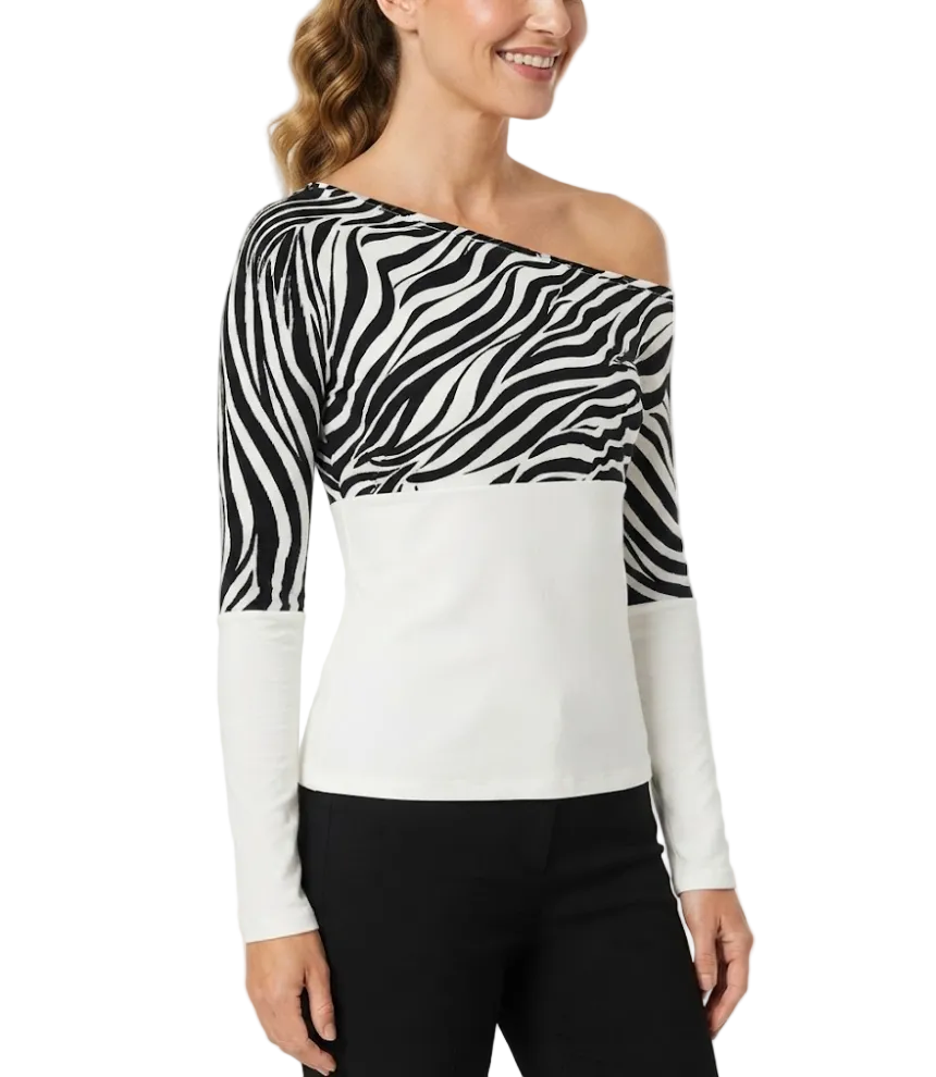 Timeless & Elegant Contrast Zebra Print Long Sleeve Asymmetrical Shoulder-Neck-Line Tops for Women - BP-B20 -TOP-90