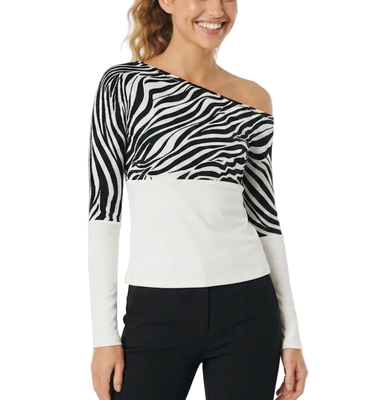 Timeless & Elegant Contrast Zebra Print Long Sleeve Asymmetrical Shoulder-Neck-Line Tops for Women - BP-B20 -TOP-90
