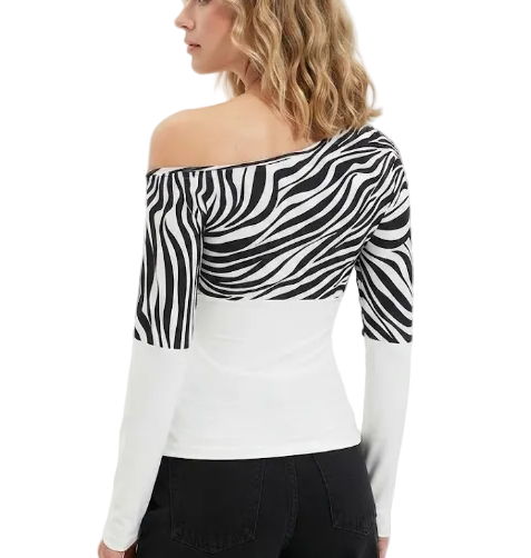 Timeless & Elegant Contrast Zebra Print Long Sleeve Asymmetrical Shoulder-Neck-Line Tops for Women - BP-B20 -TOP-90