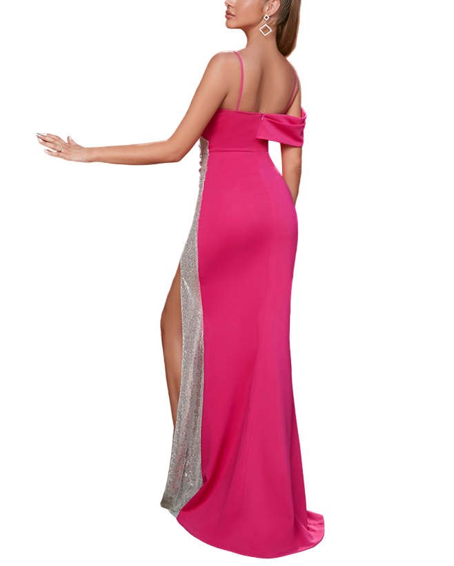 Timeless & Elegant Curve Hot Pink Fuchsia Silver Sequinned Strap Prom Party Dress Long Maxi Evening Dresses for Women B4-DRESS-B336