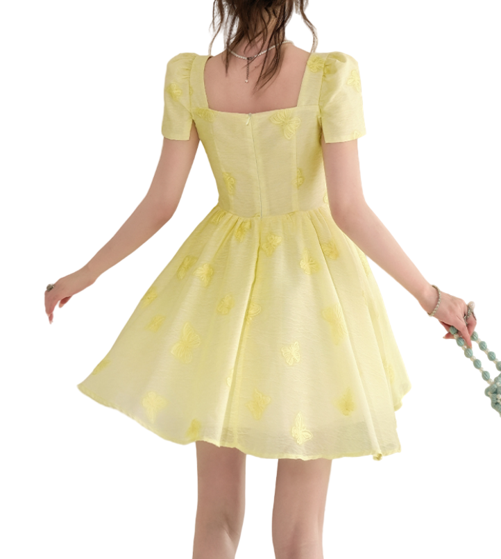 Timeless & Elegant Yellow Butterfly Embroidered Short Sleeve Sweetheart Neck Dresses - B4-DRESS-B333