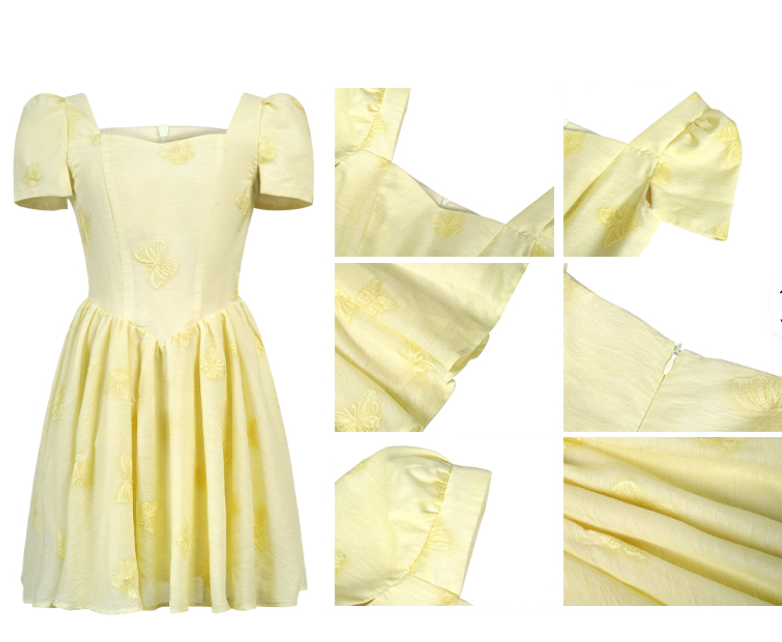 Timeless & Elegant Yellow Butterfly Embroidered Short Sleeve Sweetheart Neck Dresses - B4-DRESS-B333