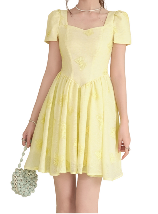Timeless & Elegant Yellow Butterfly Embroidered Short Sleeve Sweetheart Neck Dresses - B4-DRESS-B333
