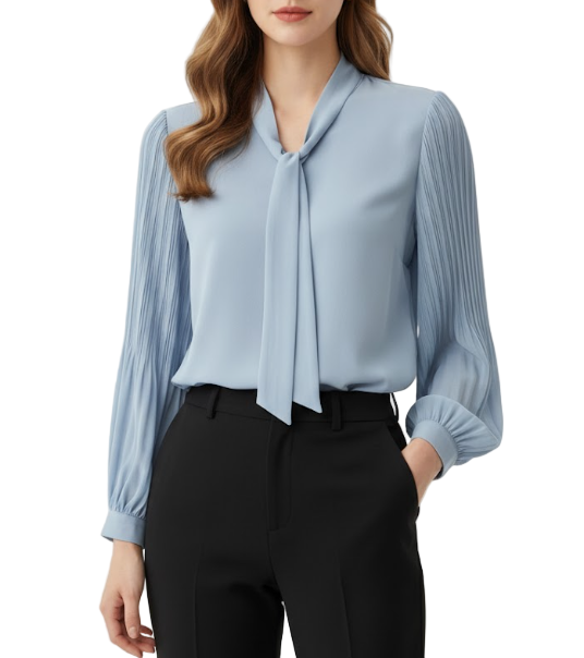 Timeless & Elegant  Long Sleeve Bow V-neck Chiffon Pullover Blouse for Women  - B13-TOP-107