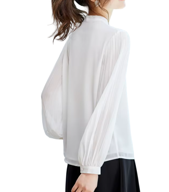 Timeless & Elegant  Long Sleeve Bow V-neck Chiffon Pullover Blouse for Women  - B13-TOP-107
