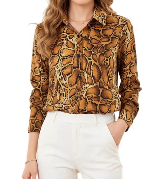 Timeless & Elegant Long Sleeve Button FrontAnimal Print Collar Shirts for Women  - B13-TOP-80