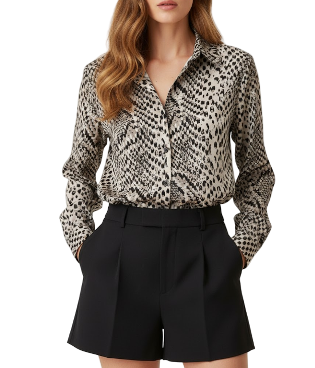Timeless & Elegant Long Sleeve Button FrontAnimal Print Collar Shirts for Women  - B13-TOP-82