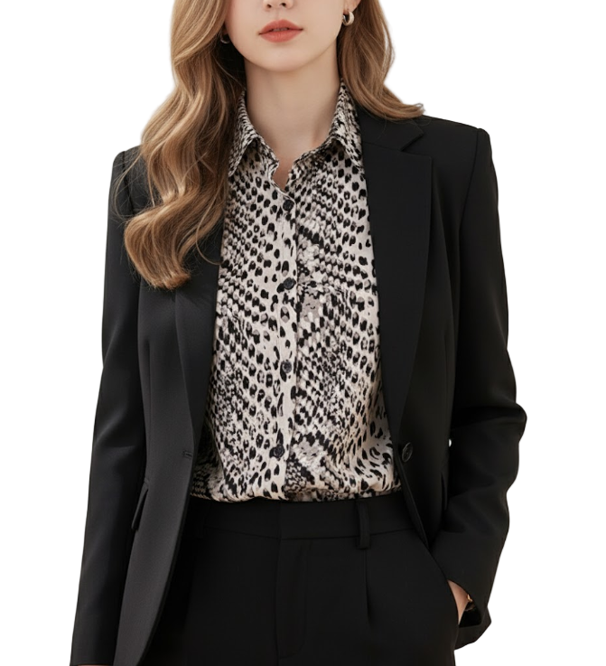 Timeless & Elegant Long Sleeve Button FrontAnimal Print Collar Shirts for Women  - B13-TOP-82