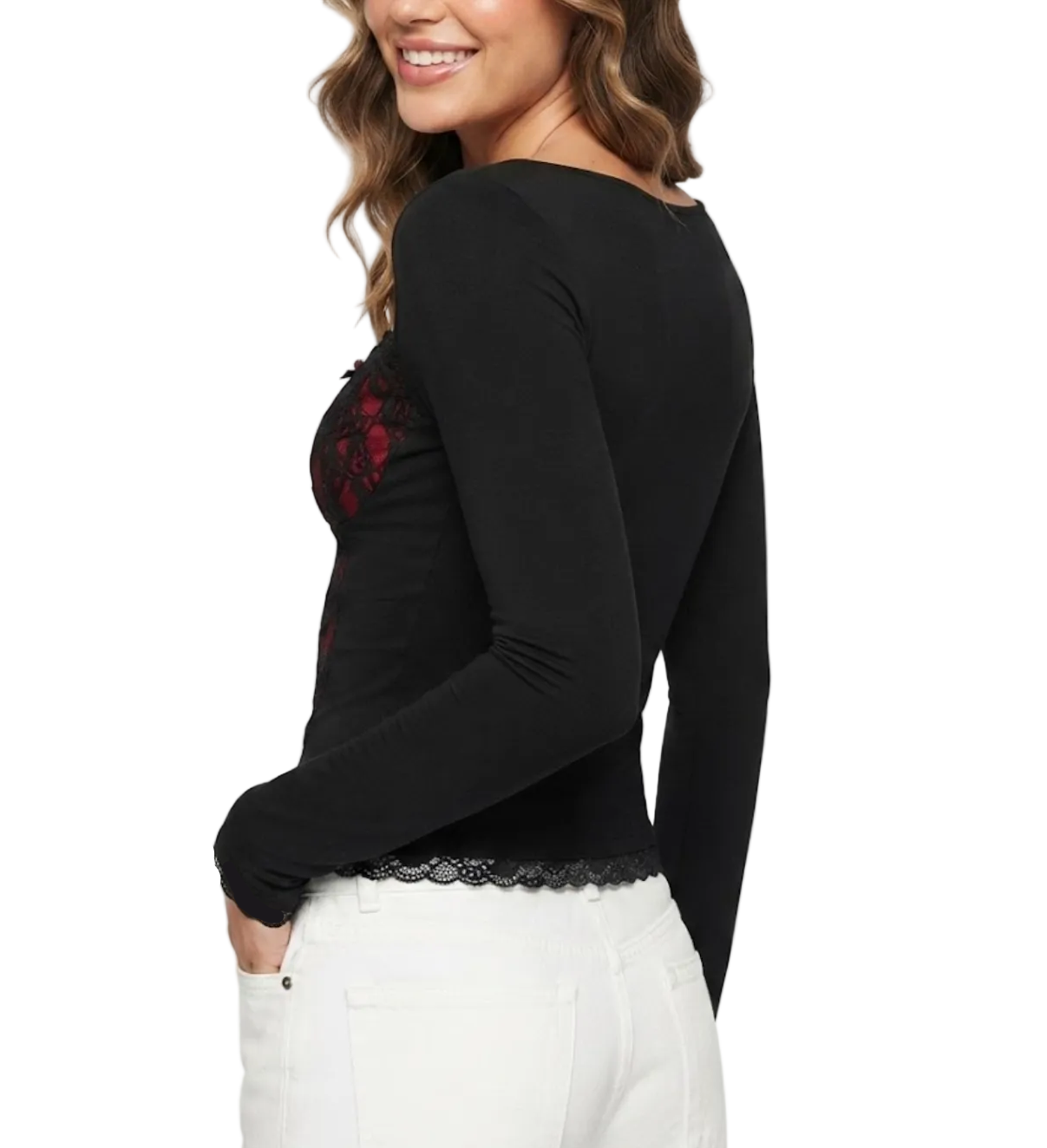 Timeless & Elegant Long Sleeve Lace Contrast Square Neck Blouses for Women - BP-B20 -TOP-86