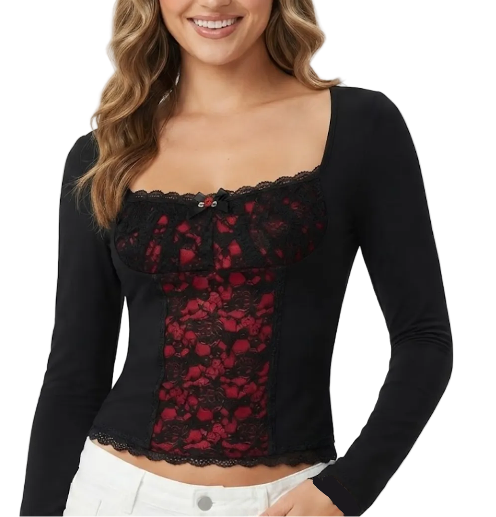 Timeless & Elegant Long Sleeve Lace Contrast Square Neck Blouses for Women - BP-B20 -TOP-86