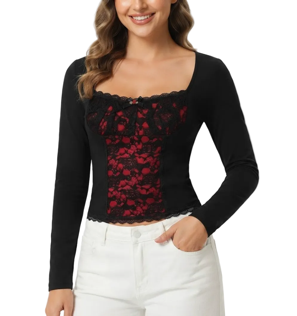 Timeless & Elegant Long Sleeve Lace Contrast Square Neck Blouses for Women - BP-B20 -TOP-86