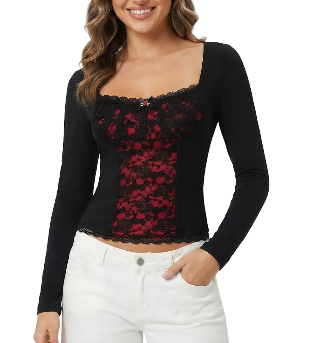 Timeless & Elegant Long Sleeve Lace Contrast Square Neck Blouses for Women - BP-B20 -TOP-86