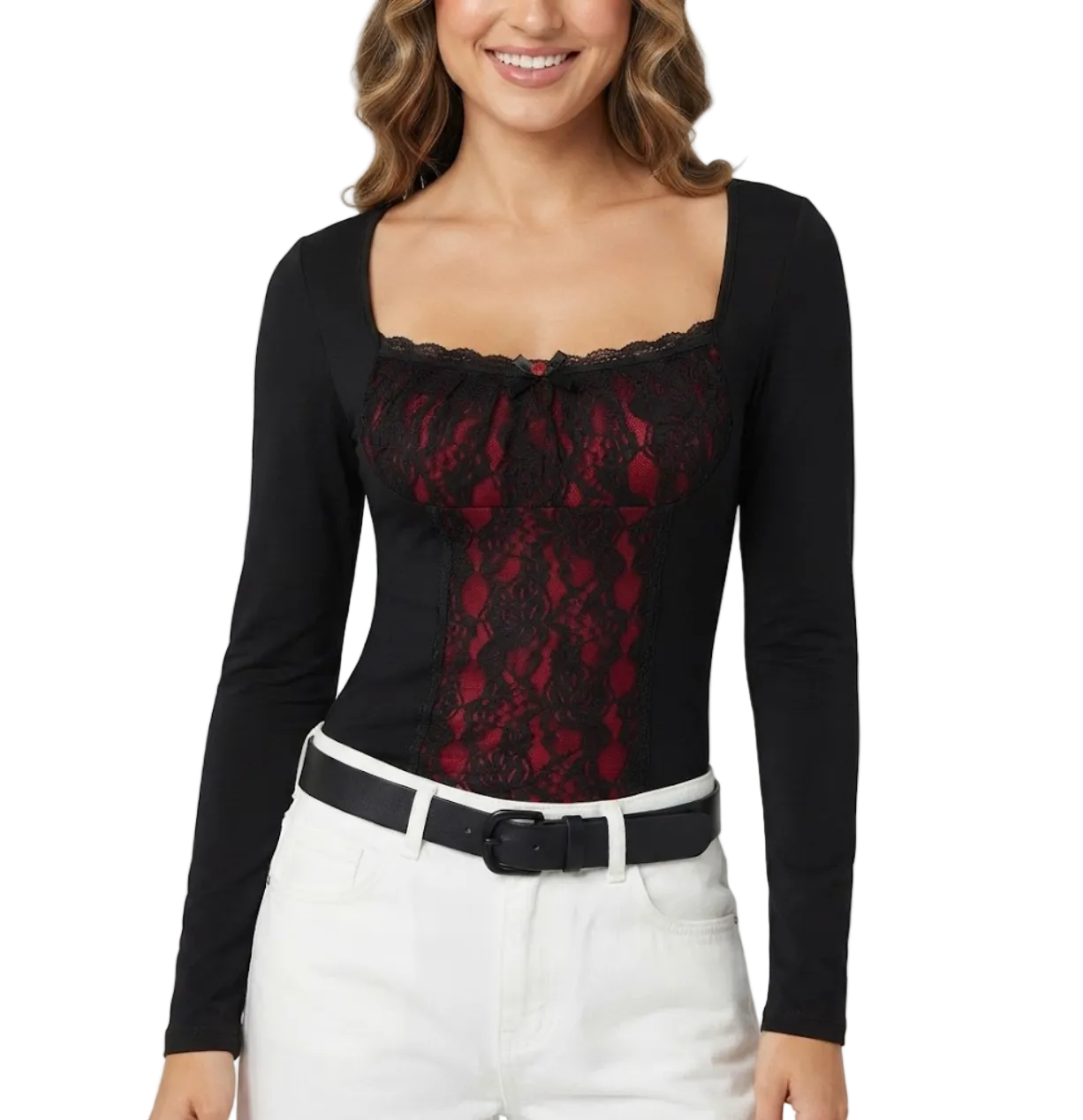 Timeless & Elegant Long Sleeve Lace Contrast Square Neck Blouses for Women - BP-B20 -TOP-86