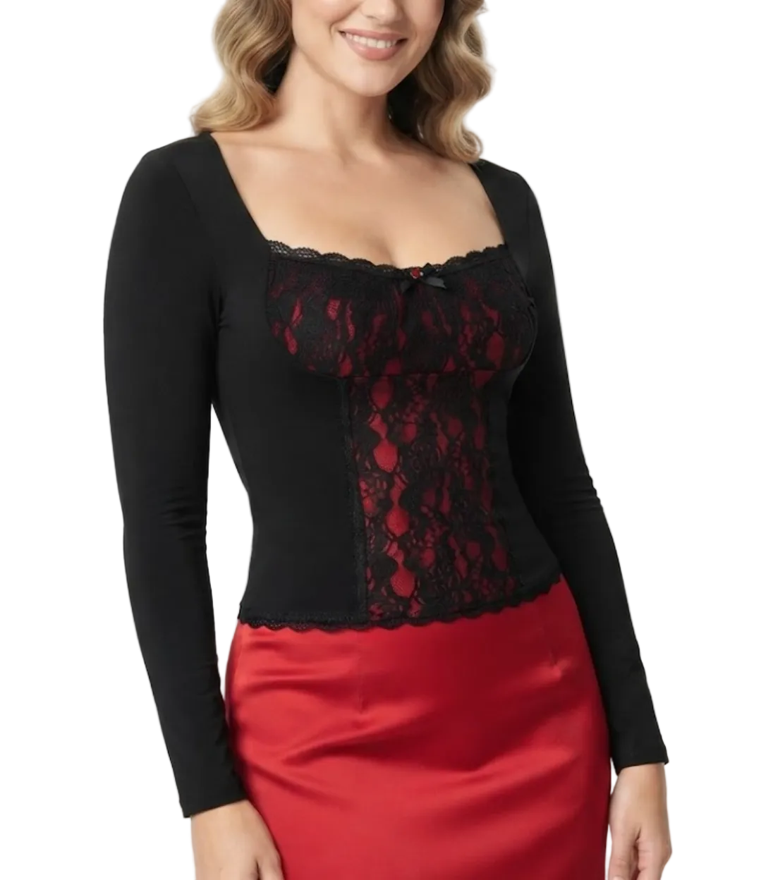 Timeless & Elegant Long Sleeve Lace Contrast Square Neck Blouses for Women - BP-B20 -TOP-86
