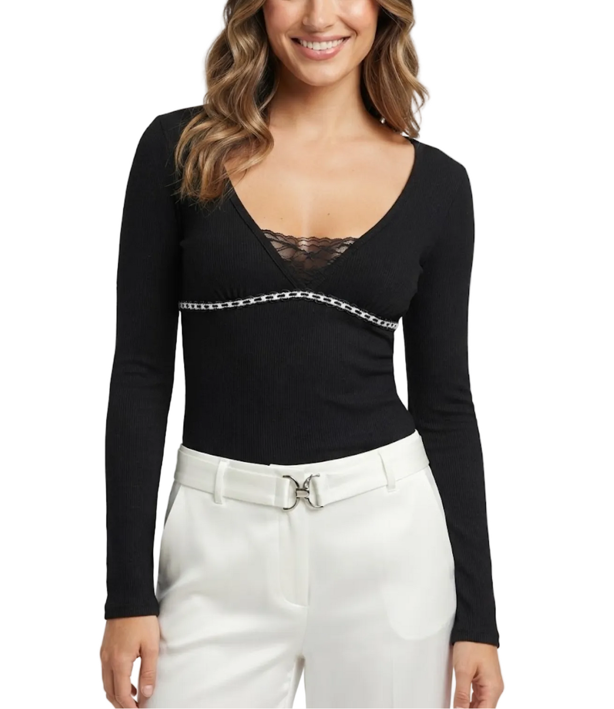 Timeless & Elegant Long Sleeve Lace Trim V-Neck Blouses for Women - BP-B20 -TOP-267
