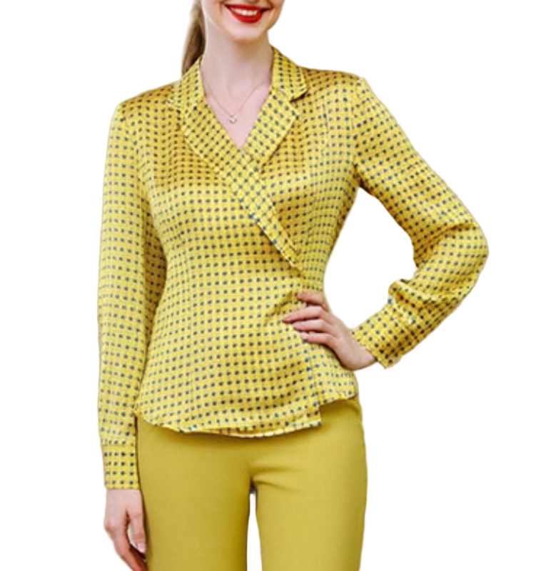 Timeless & Elegant Long Sleeve Lapel V-Neck Silk-Satin Blouses - B4-TOP-B18