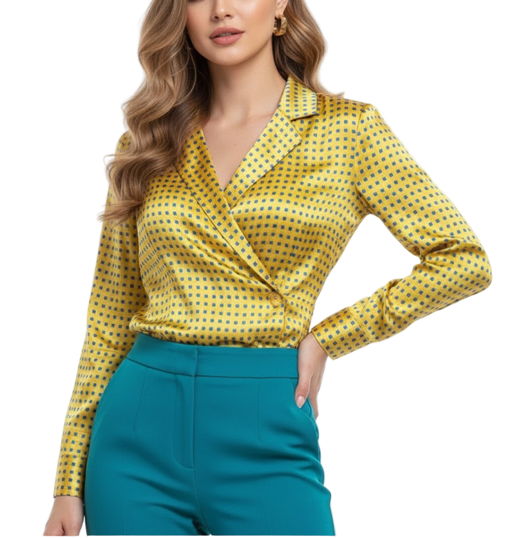 Timeless & Elegant Long Sleeve Lapel V-Neck Silk-Satin Blouses - B4-TOP-B18