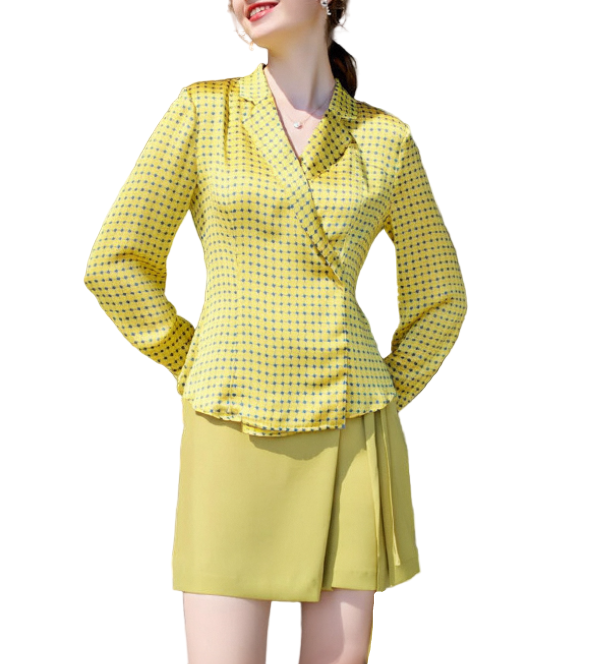 Timeless & Elegant Long Sleeve Lapel V-Neck Silk-Satin Blouses - B4-TOP-B18