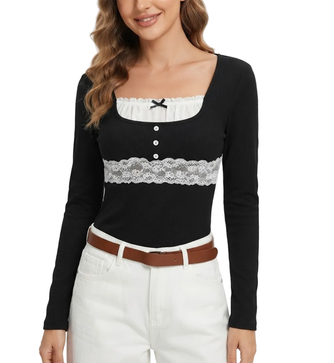 Timeless & Elegant Long Sleeve U-neck Lace Design Ribbed Tops for Women - BP-B20 -TOP-124