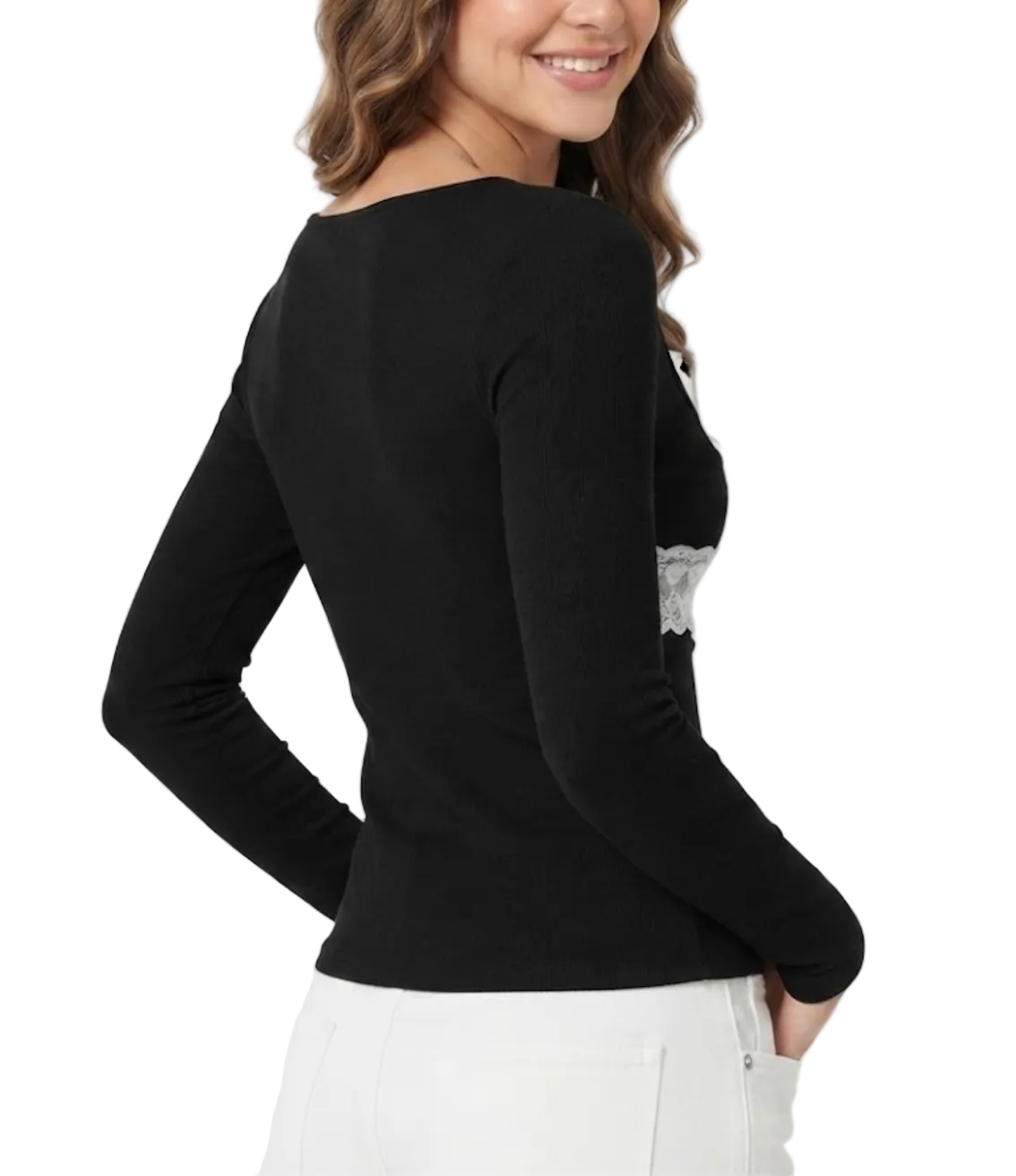 Timeless & Elegant Long Sleeve U-neck Lace Design Ribbed Tops for Women - BP-B20 -TOP-124