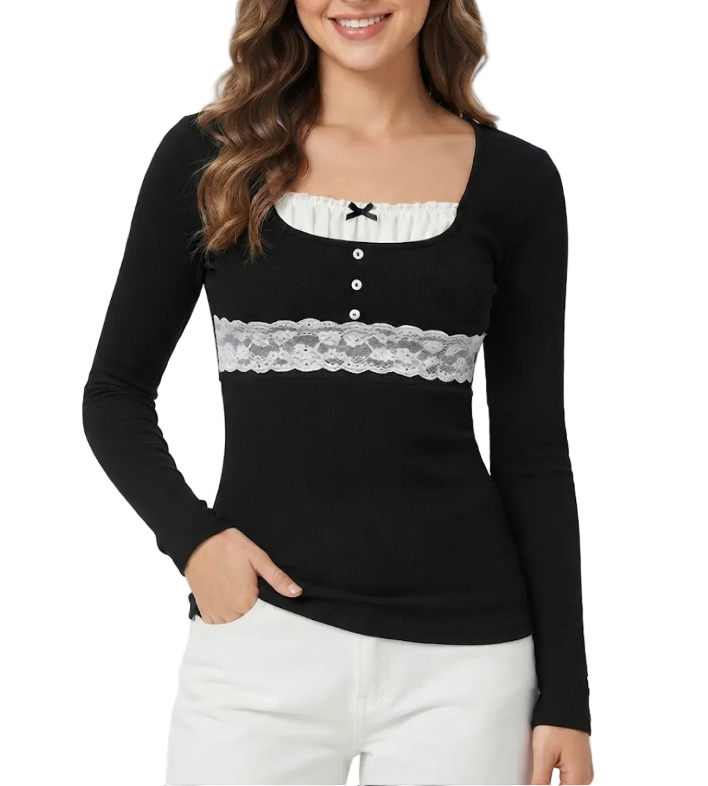 Timeless & Elegant Long Sleeve U-neck Lace Design Ribbed Tops for Women - BP-B20 -TOP-124