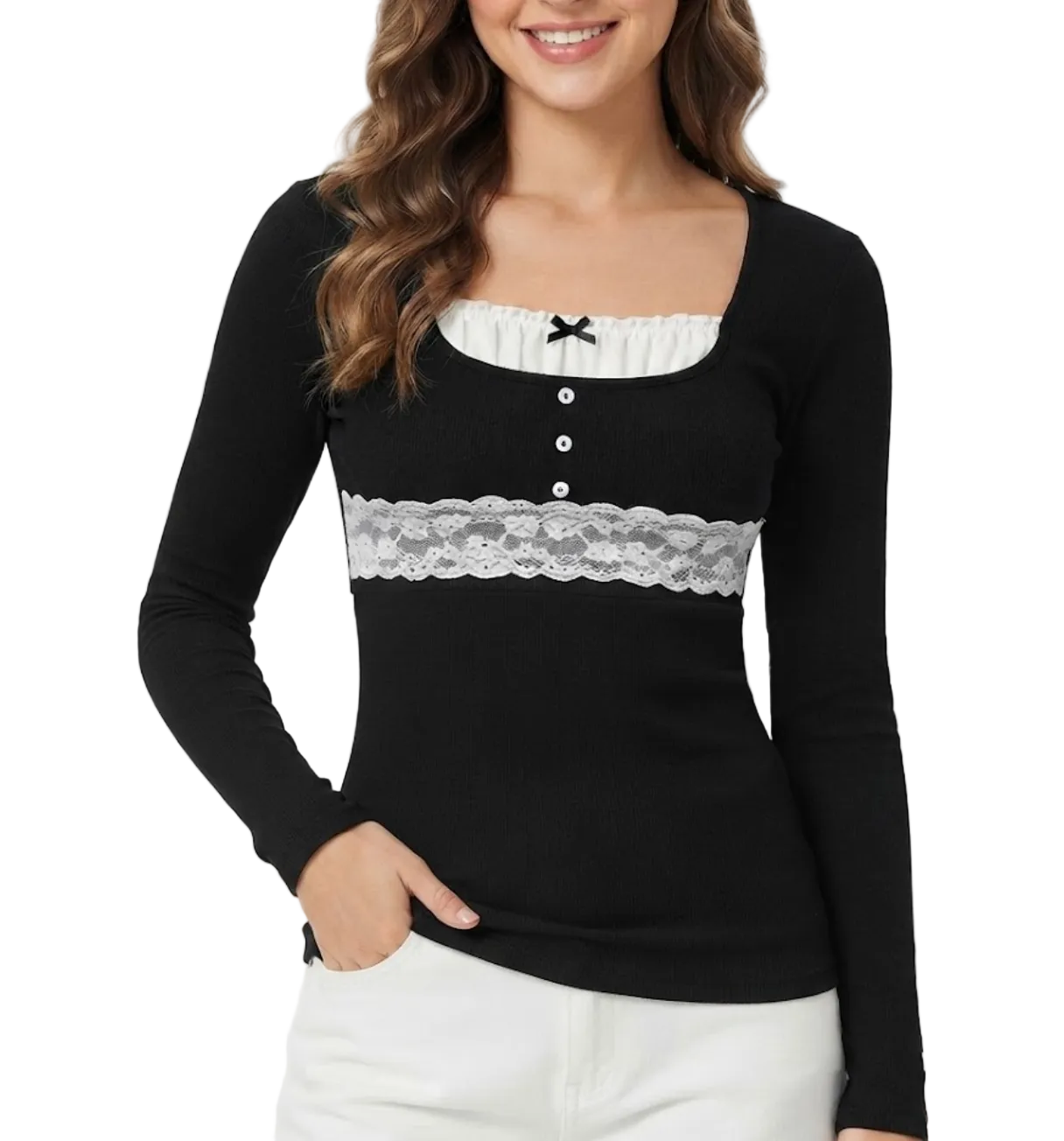 Timeless & Elegant Long Sleeve U-neck Lace Design Ribbed Tops for Women - BP-B20 -TOP-124