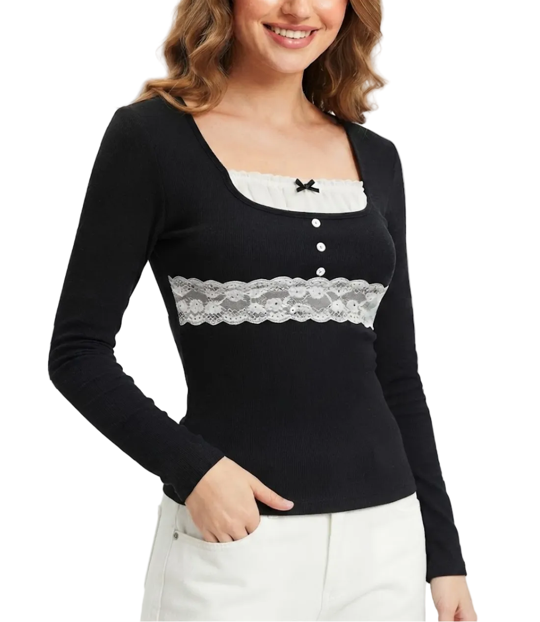 Timeless & Elegant Long Sleeve U-neck Lace Design Ribbed Tops for Women - BP-B20 -TOP-124