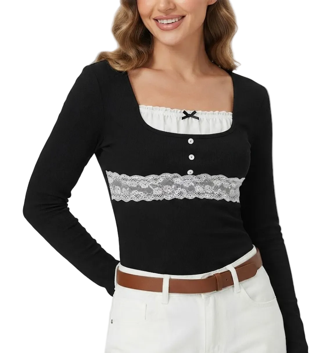 Timeless & Elegant Long Sleeve U-neck Lace Design Ribbed Tops for Women - BP-B20 -TOP-124