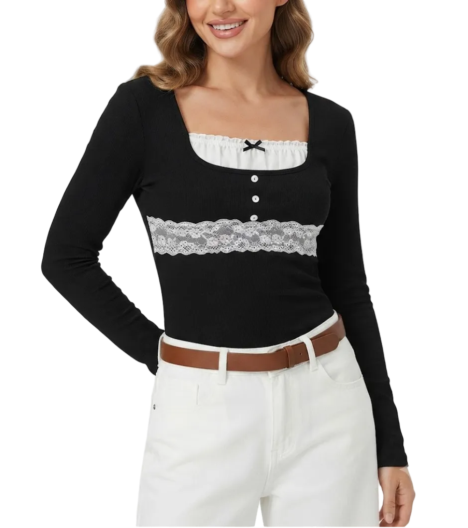 Timeless & Elegant Long Sleeve U-neck Lace Design Ribbed Tops for Women - BP-B20 -TOP-124