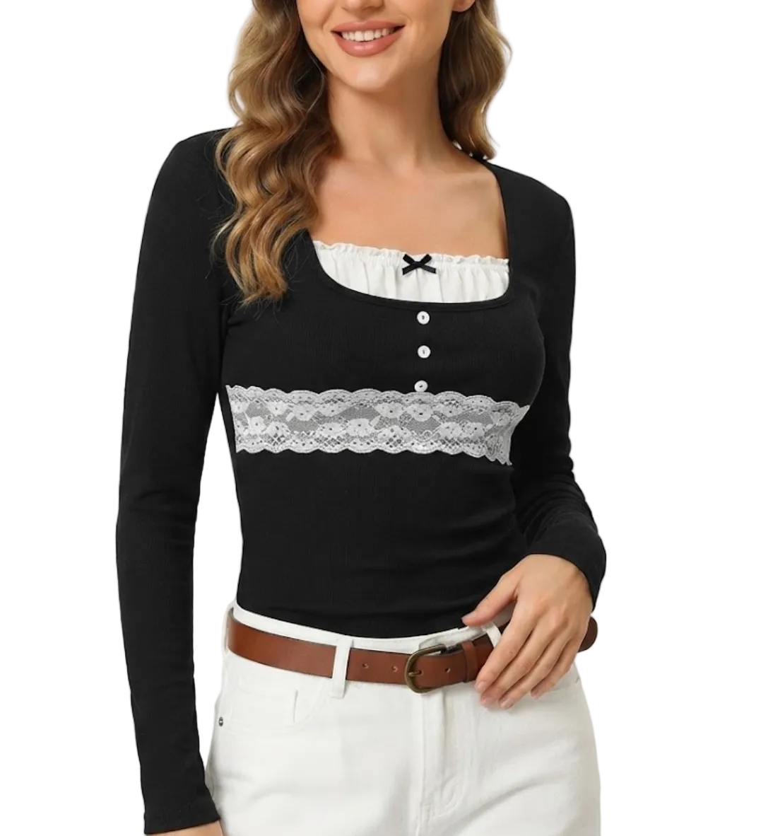 Timeless & Elegant Long Sleeve U-neck Lace Design Ribbed Tops for Women - BP-B20 -TOP-124