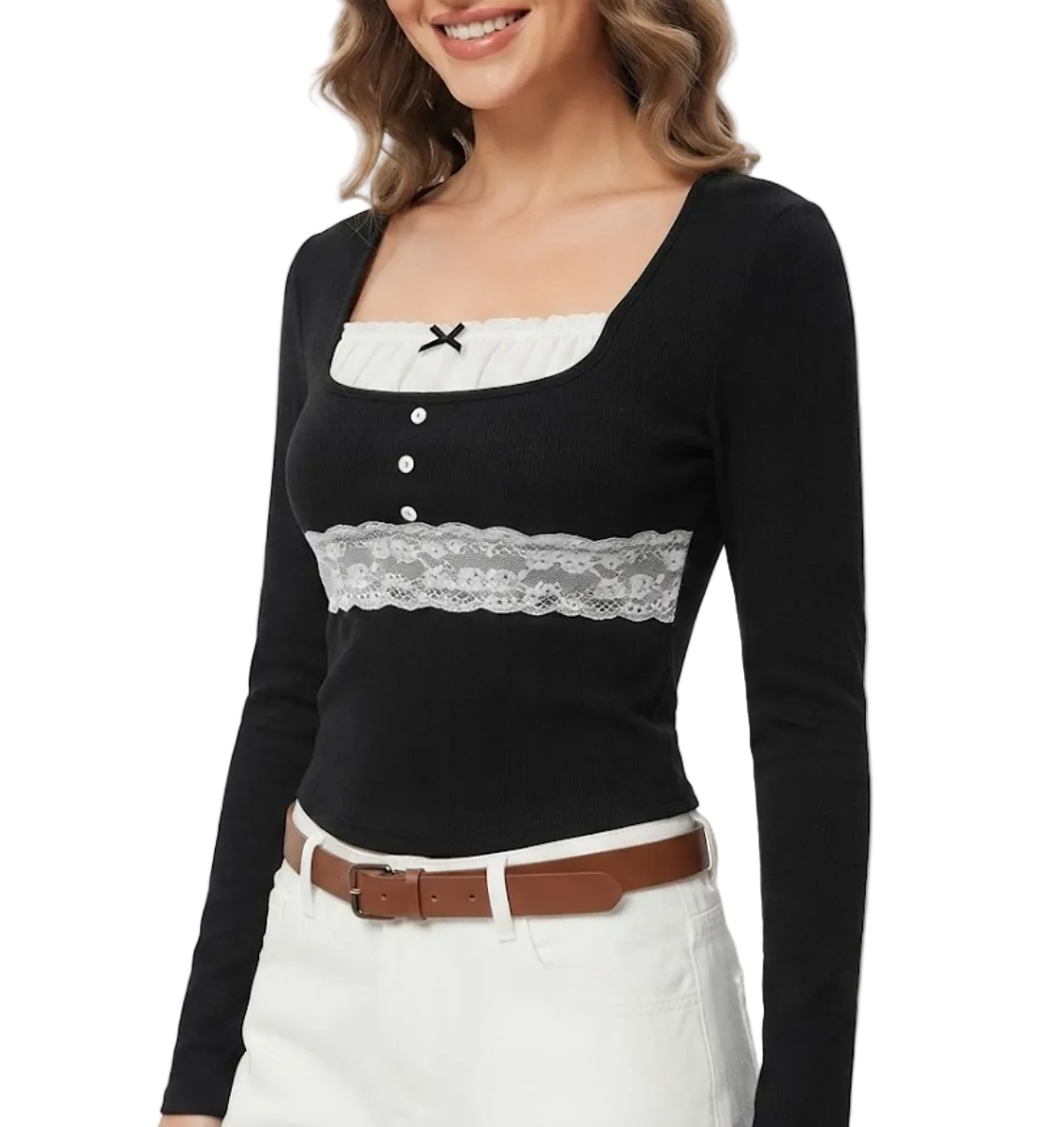 Timeless & Elegant Long Sleeve U-neck Lace Design Ribbed Tops for Women - BP-B20 -TOP-124