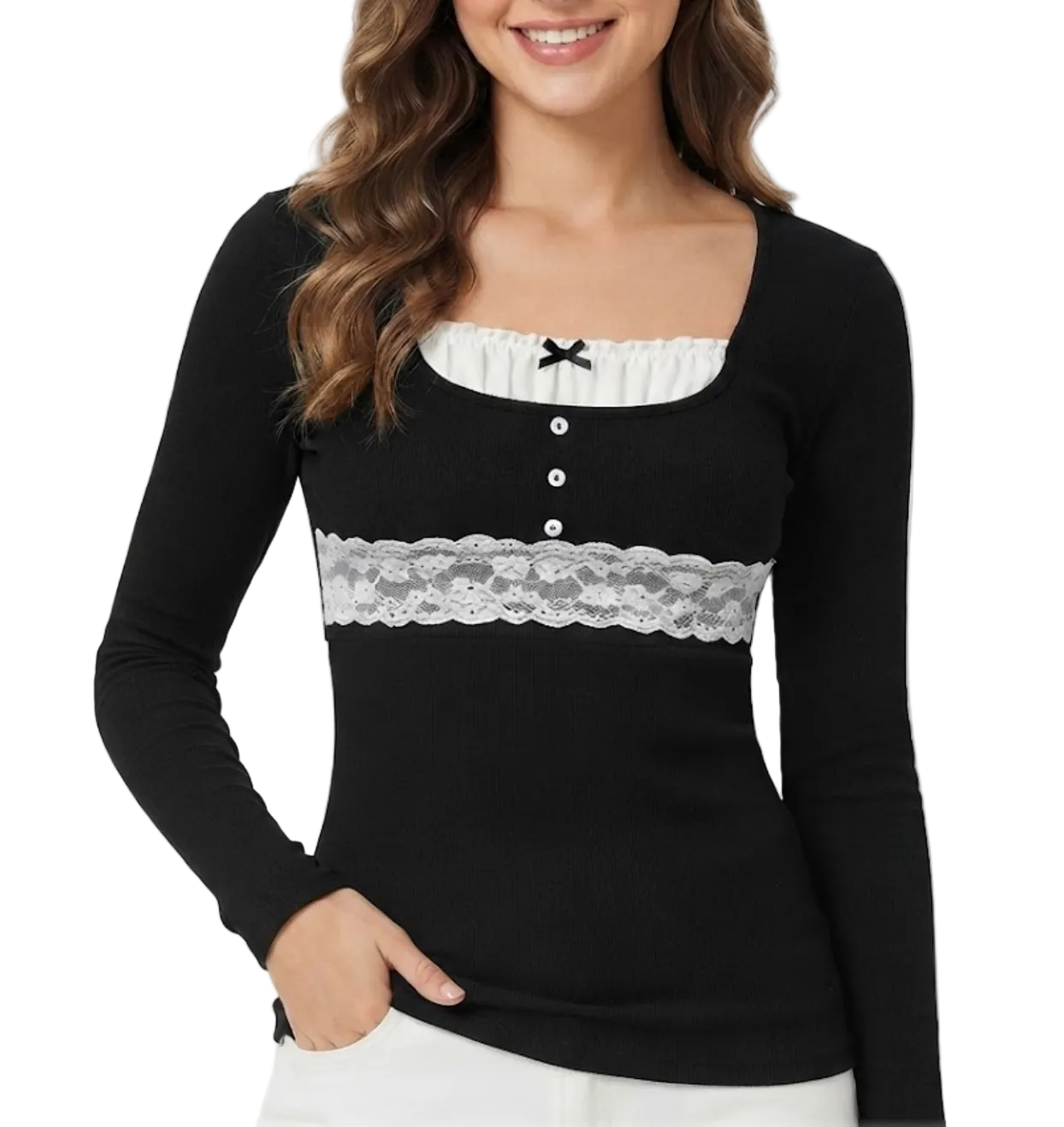 Timeless & Elegant Long Sleeve U-neck Lace Design Ribbed Tops for Women - BP-B20 -TOP-124