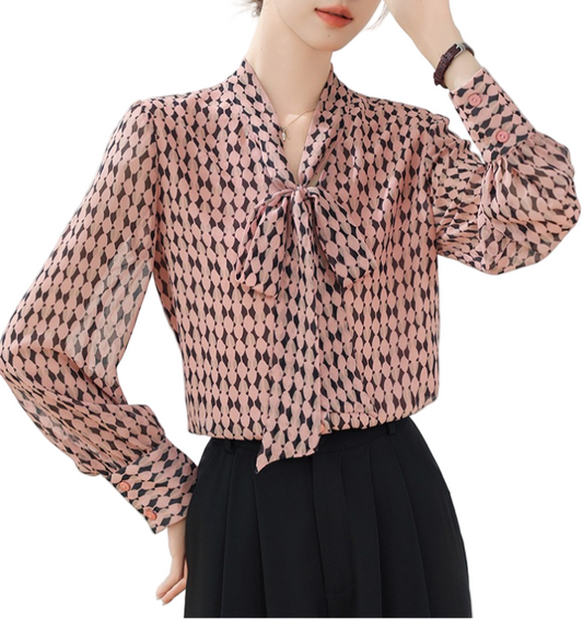 Timeless & Elegant Long Sleeve V-Neck with Bow Chiffon Blouses for Women  - B13-TOP-75