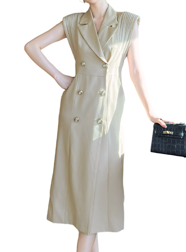 Timeless & Elegant Pleated Cap Sleeves Lapel Neck Dresses for Women - B4-DRESS-B347