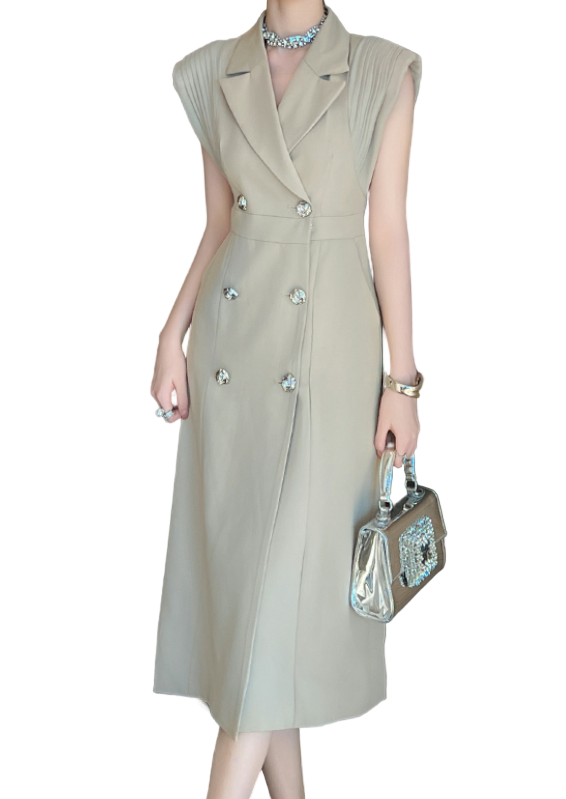 Timeless & Elegant Pleated Cap Sleeves Lapel Neck Dresses for Women - B4-DRESS-B347