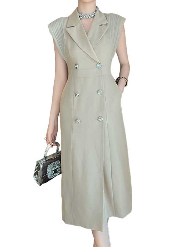 Timeless & Elegant Pleated Cap Sleeves Lapel Neck Dresses for Women - B4-DRESS-B347